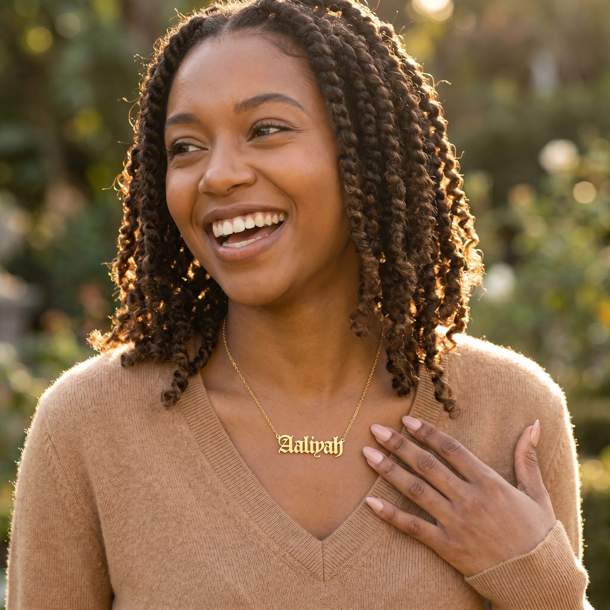 Old English Lettering Name Pendant - Gold - lifestyle natural daylight - regen P3-LOW pos6