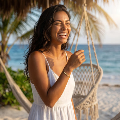 Gold herringbone bracelet Tulum beach club joy lifestyle