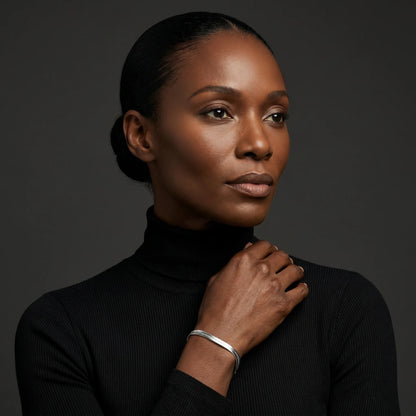 Silver herringbone bracelet editorial Vogue portrait