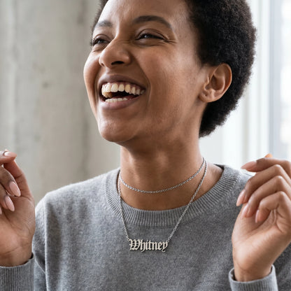Old English Lettering Name Pendant - Silver - lifestyle natural daylight - regen P3-LOW pos14