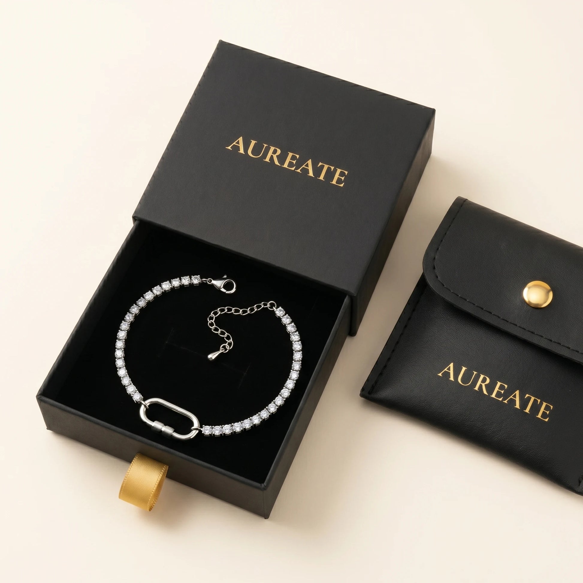 Silver tennis bracelet oval carabiner in AUREATE matte black gift box - extender visible