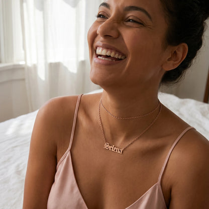 Old English Lettering Name Pendant - Rose Gold - lifestyle natural daylight - regen P3-LOW pos22