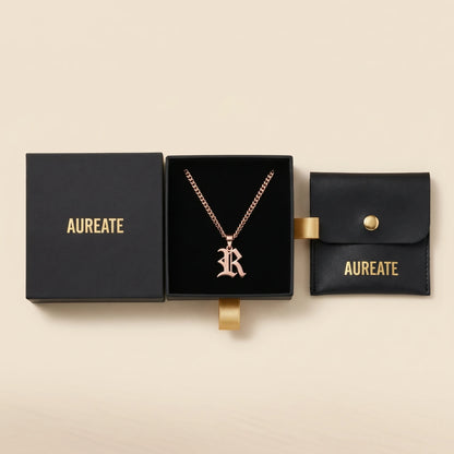 Gothic Initial Cuban Link Rose Gold gift box R v2