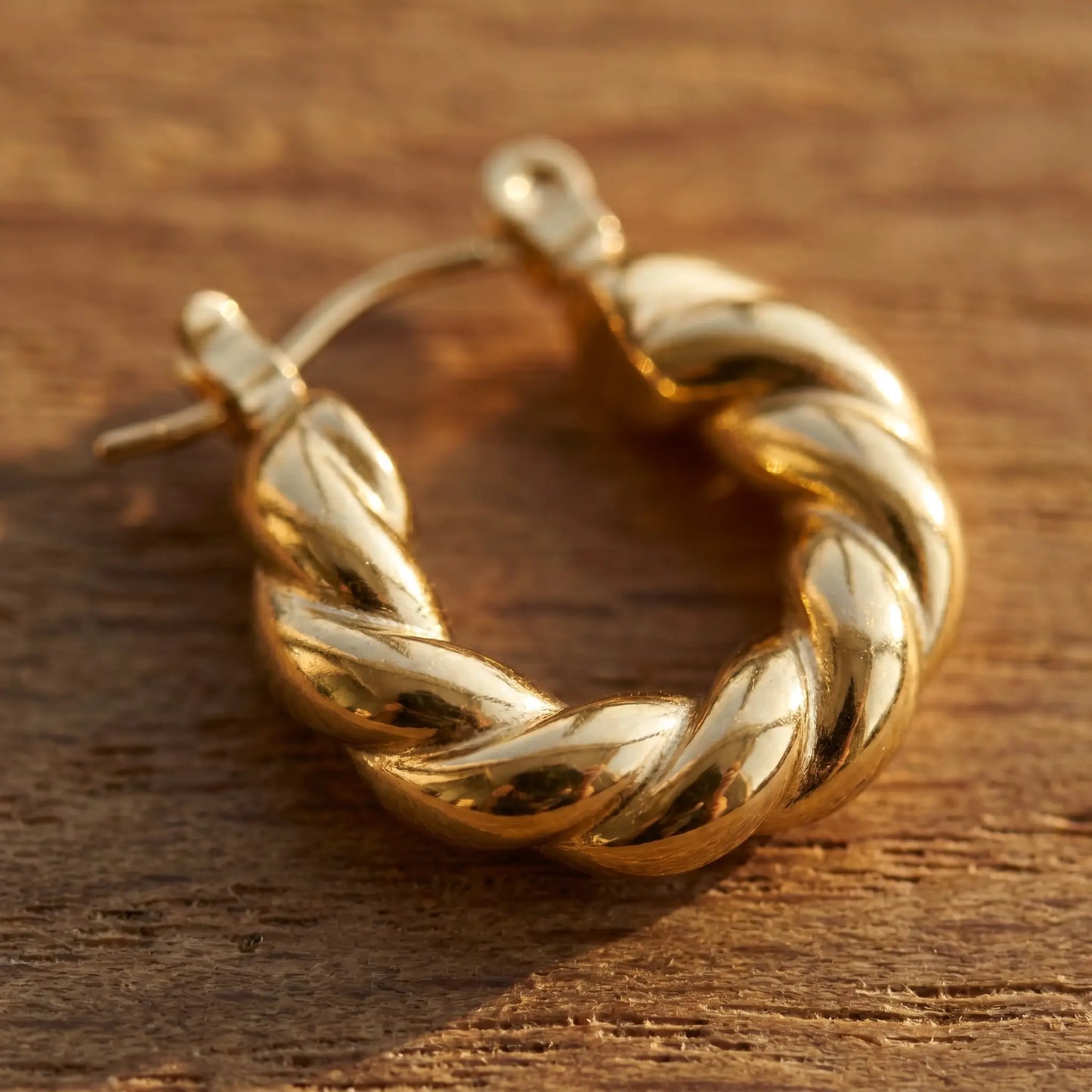 Twisted Gold Hoop Earring - extreme macro twisted texture on oak