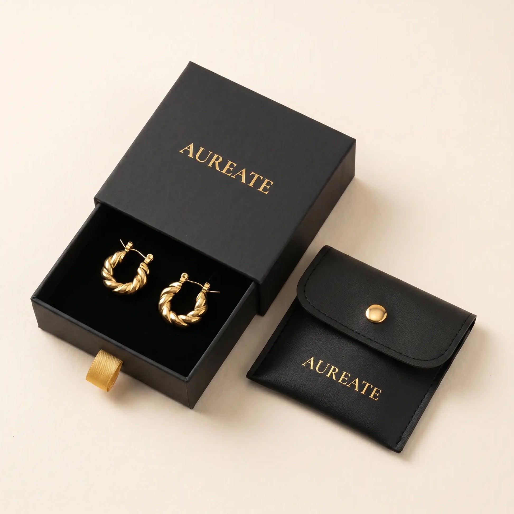 Twisted Gold Hoop Earrings in AUREATE gift box with leather pouch