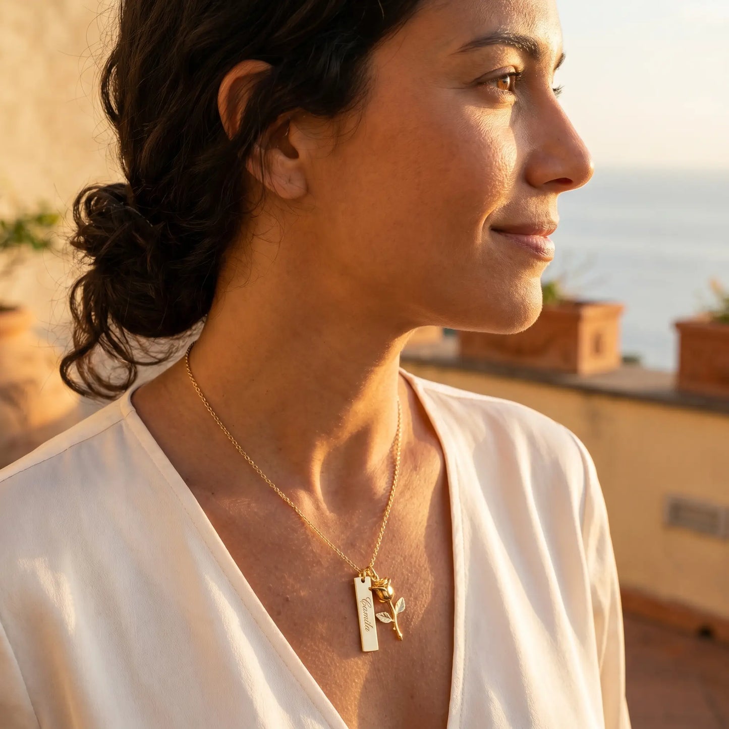 Rose Gold Engraved Bar Pendant in 18K gold profile editorial Mediterranean coastal Camila engraving