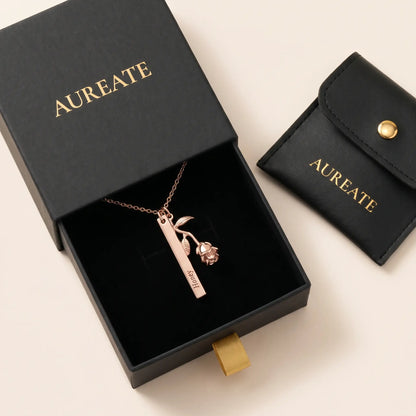 Rose Gold Engraved Bar Pendant in rose gold AUREATE gift box with rose flower charm Honey engraving