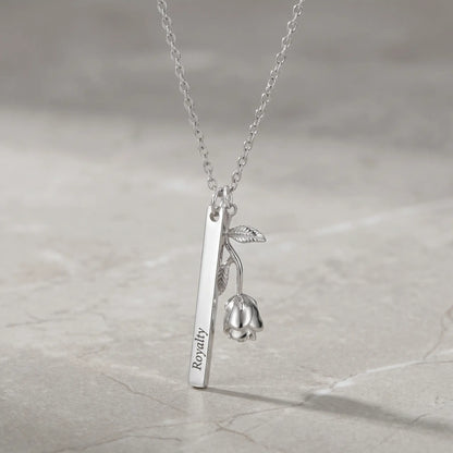 Rose Gold Engraved Bar Pendant in silver tone packshot with rose flower charm Royalty engraving