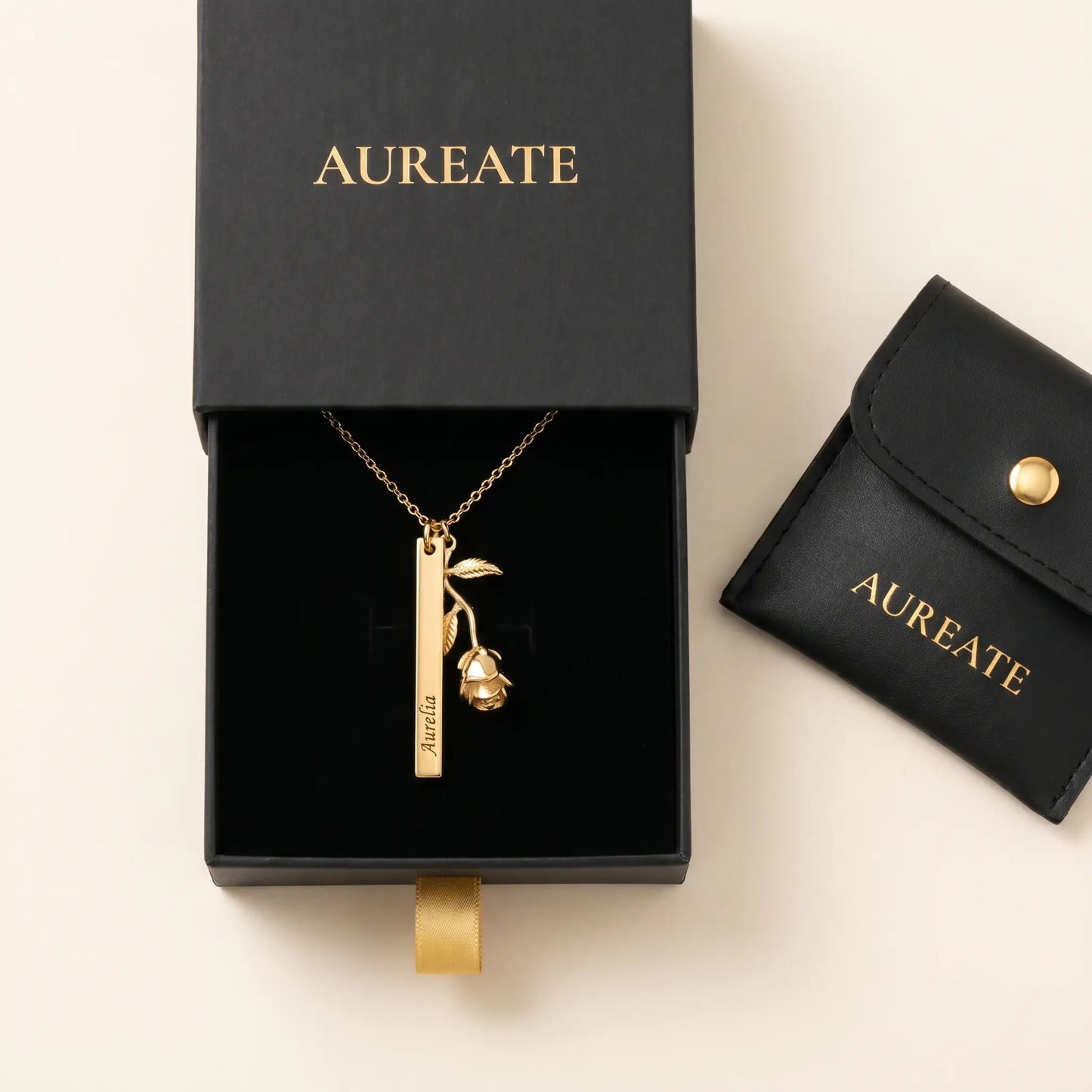 Rose Gold Engraved Bar Pendant in 18K gold AUREATE gift box with rose flower charm Aurelia engraving