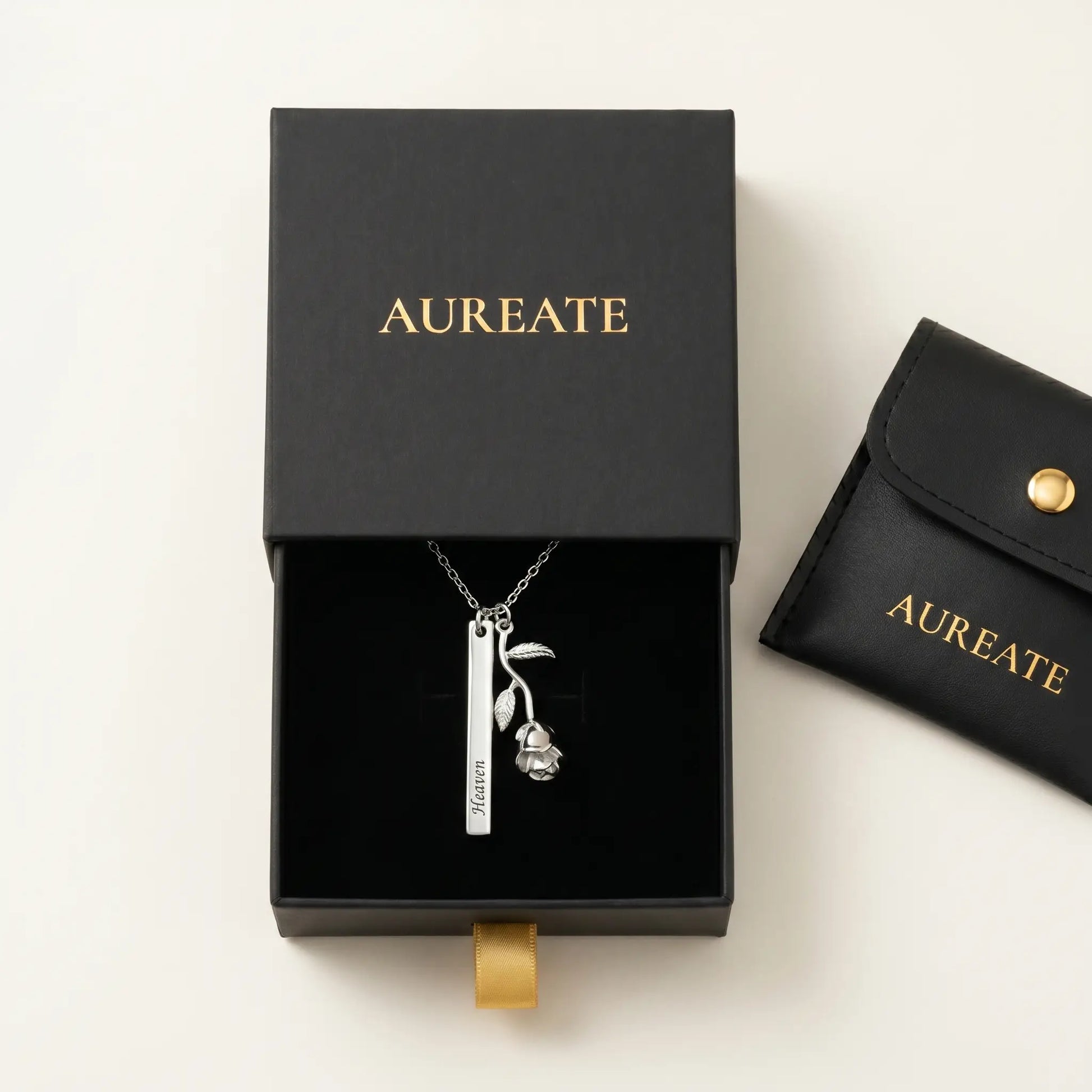 Rose Gold Engraved Bar Pendant in silver tone AUREATE gift box with rose flower charm Heaven engraving