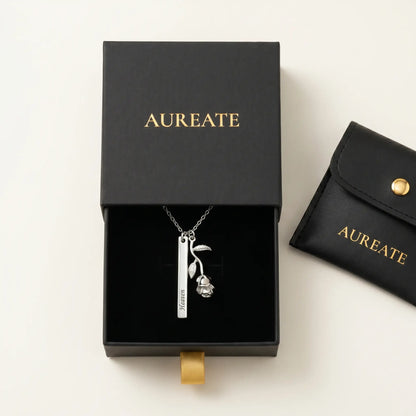 Rose Gold Engraved Bar Pendant in silver tone AUREATE gift box with rose flower charm Heaven engraving
