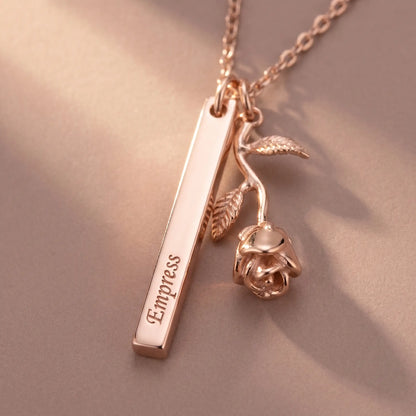Rose Gold Engraved Bar Pendant in rose gold macro detail Empress engraving and rose flower