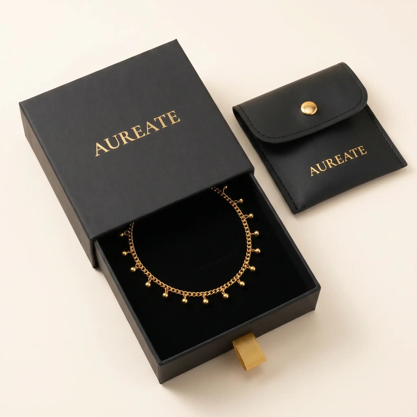 Gold drop bead anklet AUREATE gift box - matte black slide-drawer with gold logo