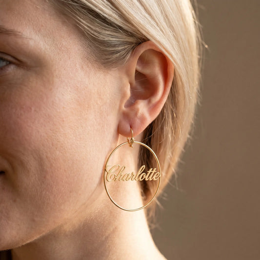 Cursive Name Hoop Earrings AUREATE Earrings 18K Gold Plated / 1.5" (40 mm) 18K Gold Plated