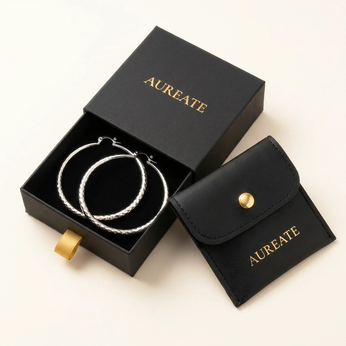 Silver tone stainless steel diamond cut large hoop earrings, in its gift box | SKU: AUR-DCTHOP-S