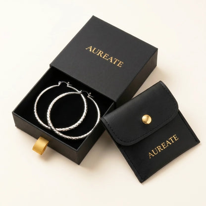 Silver tone stainless steel diamond cut large hoop earrings, in its gift box | SKU: AUR-DCTHOP-S