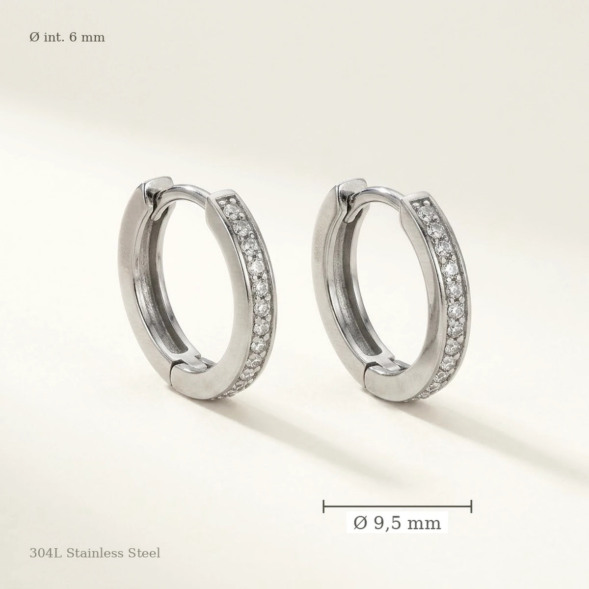 Silver tone stainless steel pave huggie hoop earrings, size guide with measurements | SKU: AUR-PVHUGG-S