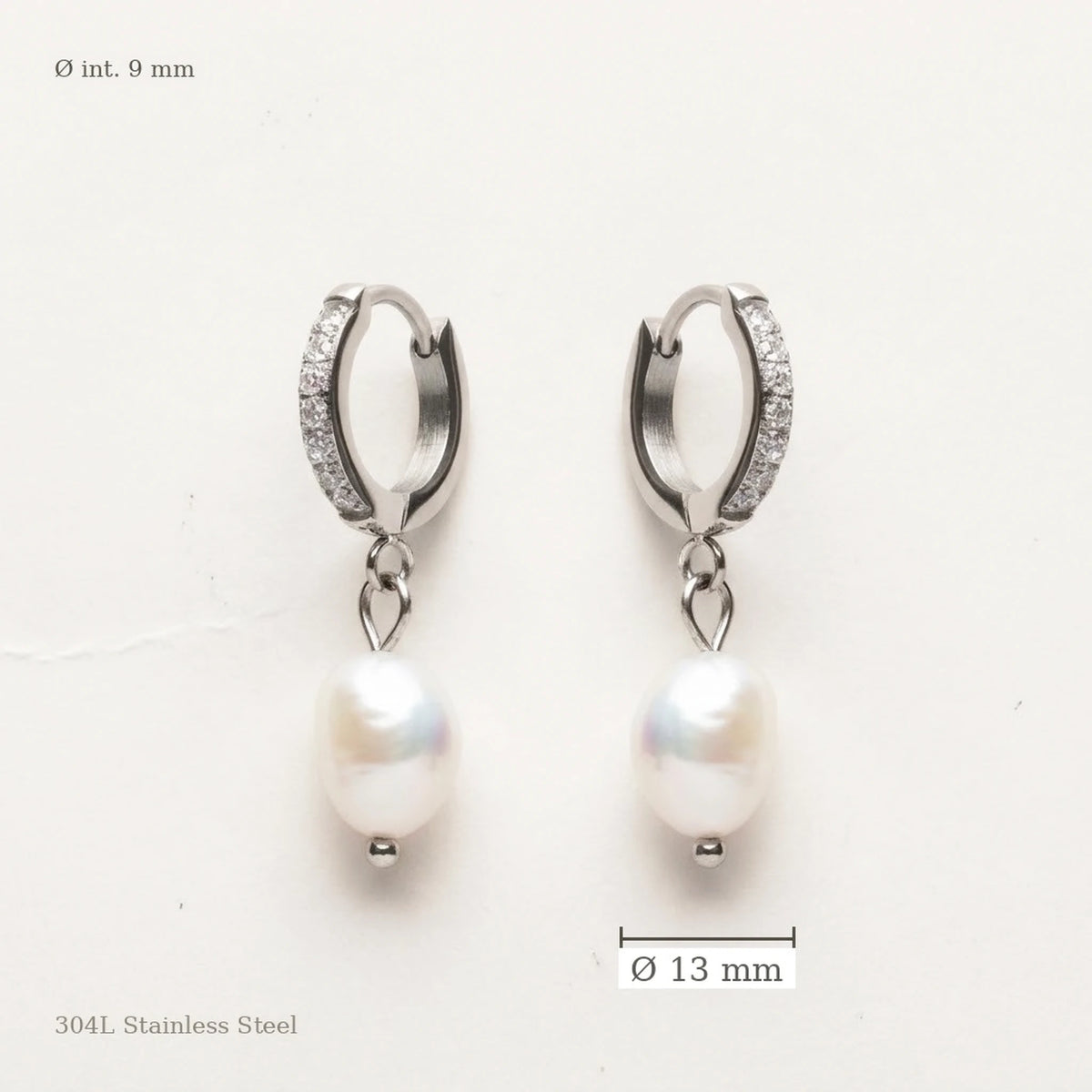 Silver tone stainless steel freshwater pearl drop huggie earrings, size guide with measurements | SKU: AUR-PRLHUG-S