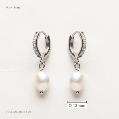 Silver tone stainless steel freshwater pearl drop huggie earrings, size guide with measurements | SKU: AUR-PRLHUG-S
