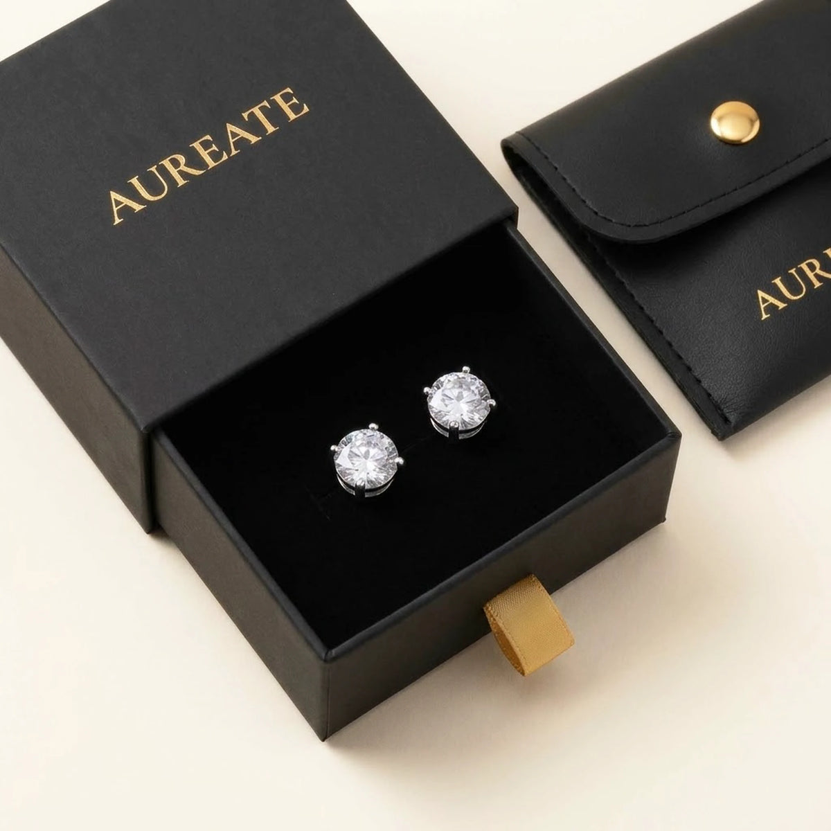 Silver tone stainless steel cubic zirconia solitaire stud earrings, in its gift box | SKU: AUR-SOLSTD-S