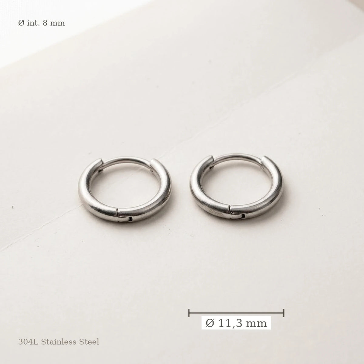 Silver tone stainless steel tiny huggie hoop earrings, size guide with measurements | SKU: AUR-TNYHUG-S