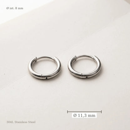 Silver tone stainless steel tiny huggie hoop earrings, size guide with measurements | SKU: AUR-TNYHUG-S