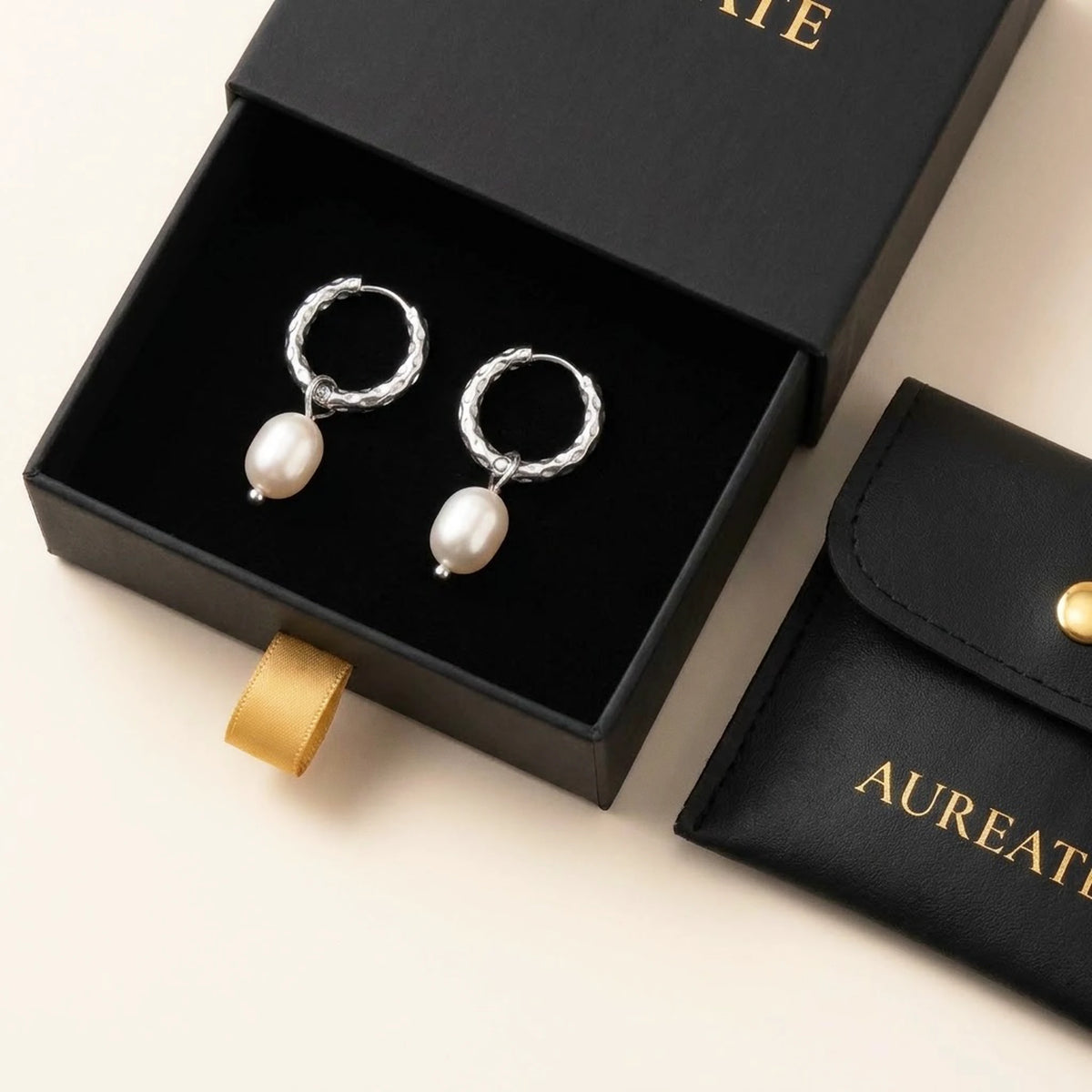 Silver tone stainless steel twisted rope pearl drop hoop earrings, in its gift box | SKU: AUR-TWPRLH-S