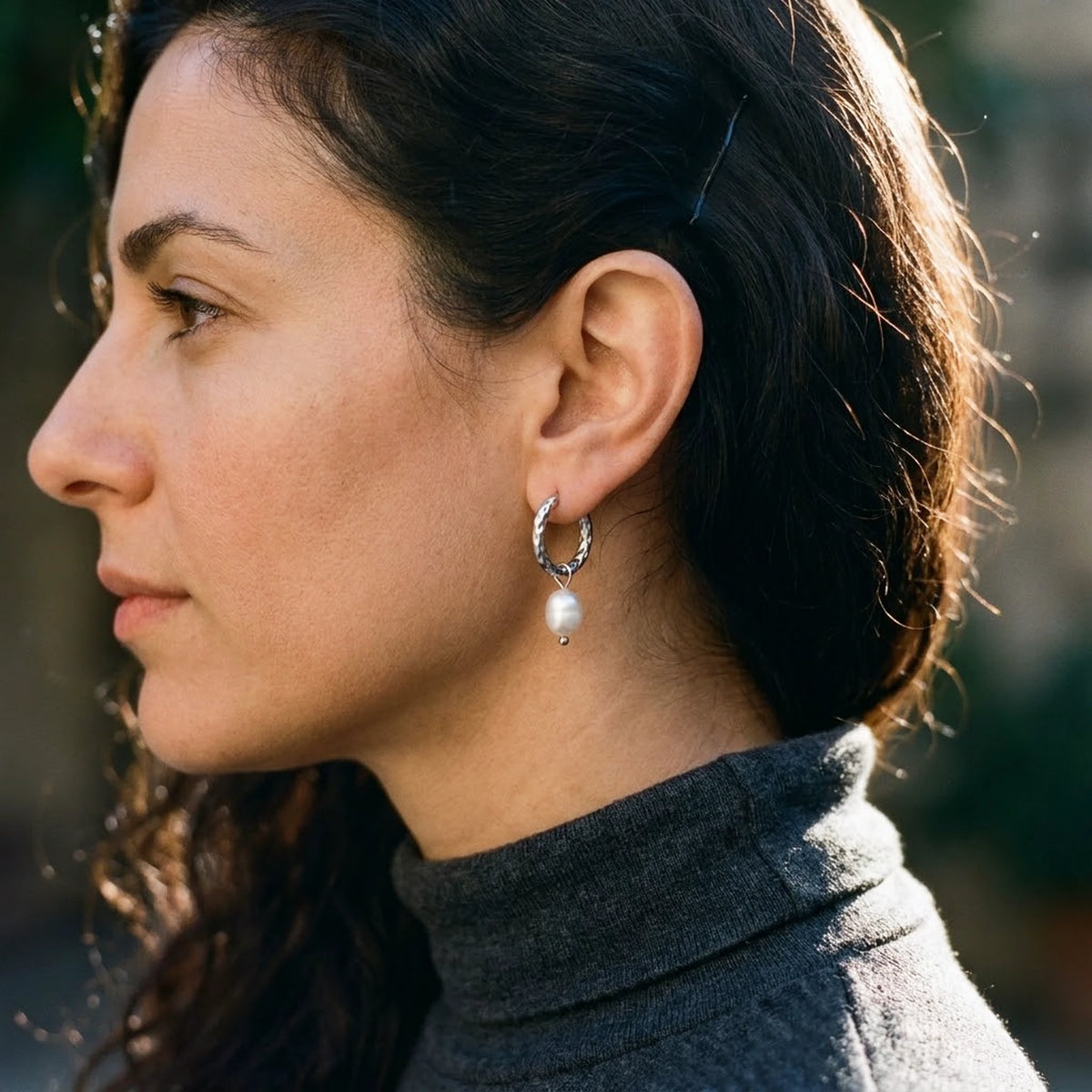 Silver tone stainless steel twisted rope pearl drop hoop earrings, worn, side profile | SKU: AUR-TWPRLH-S