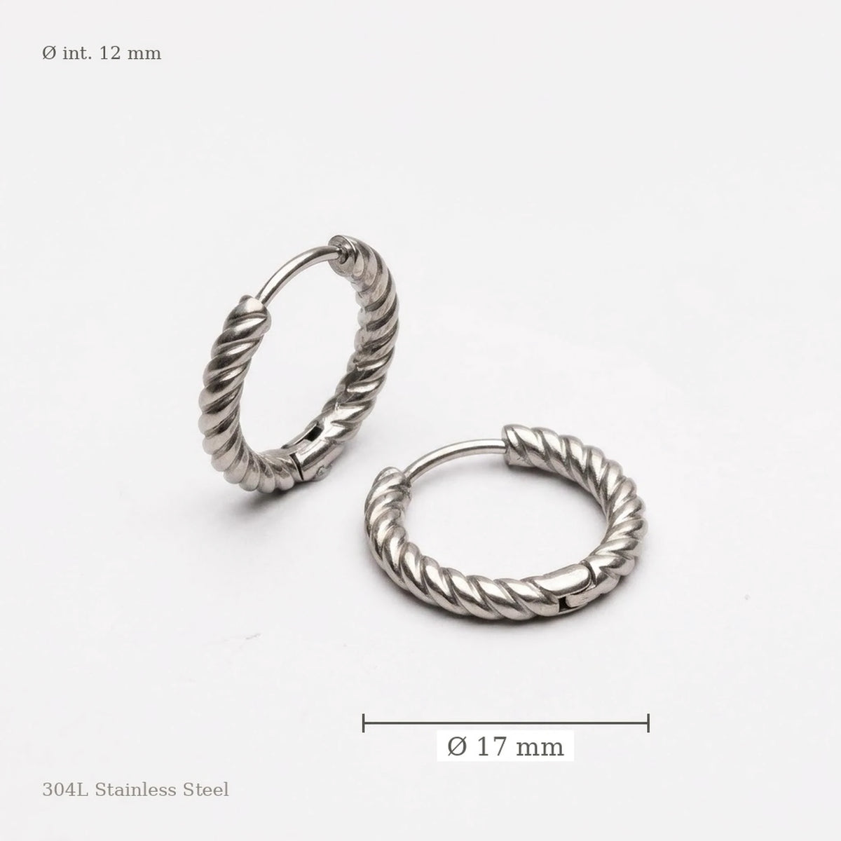 Silver tone stainless steel twisted rope huggie hoop earrings, size guide with measurements | SKU: AUR-TWRHUG-S