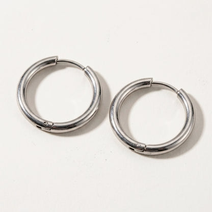 Silver tone stainless steel waterproof hoop earrings, product shot on white | SKU: AUR-CLSHOP-S