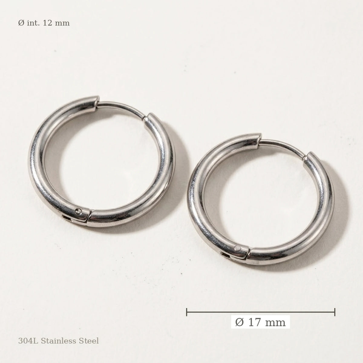 Silver tone stainless steel waterproof hoop earrings, size guide with measurements | SKU: AUR-CLSHOP-S