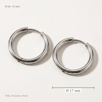 Silver tone stainless steel waterproof hoop earrings, size guide with measurements | SKU: AUR-CLSHOP-S