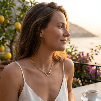 Snake pendant necklace Amalfi profile aspirational - quiet luxury French blonde white silk camisole golden hour