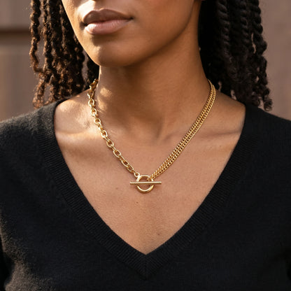Toggle Cable Curb Necklace gold studio worn close-up at center chest