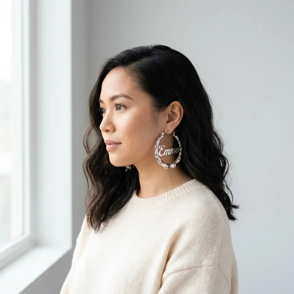 Two-Tone Bamboo Name Earrings silver studio Emma
