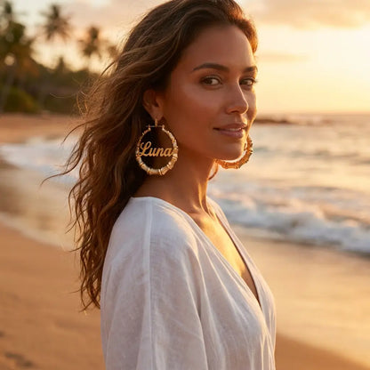 Two-Tone Bamboo Name Earrings gold lifestyle beach Luna