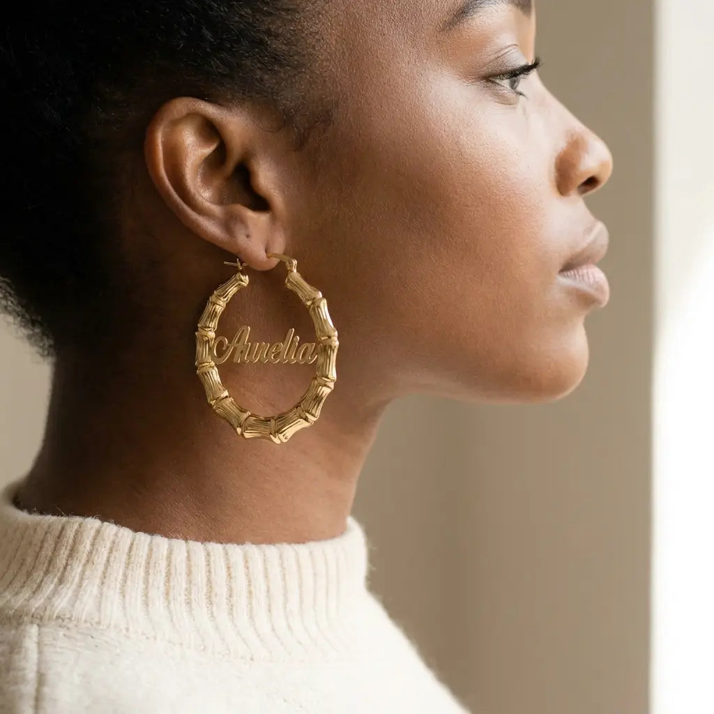 Two-Tone Bamboo Name Earrings gold featured Aurelia