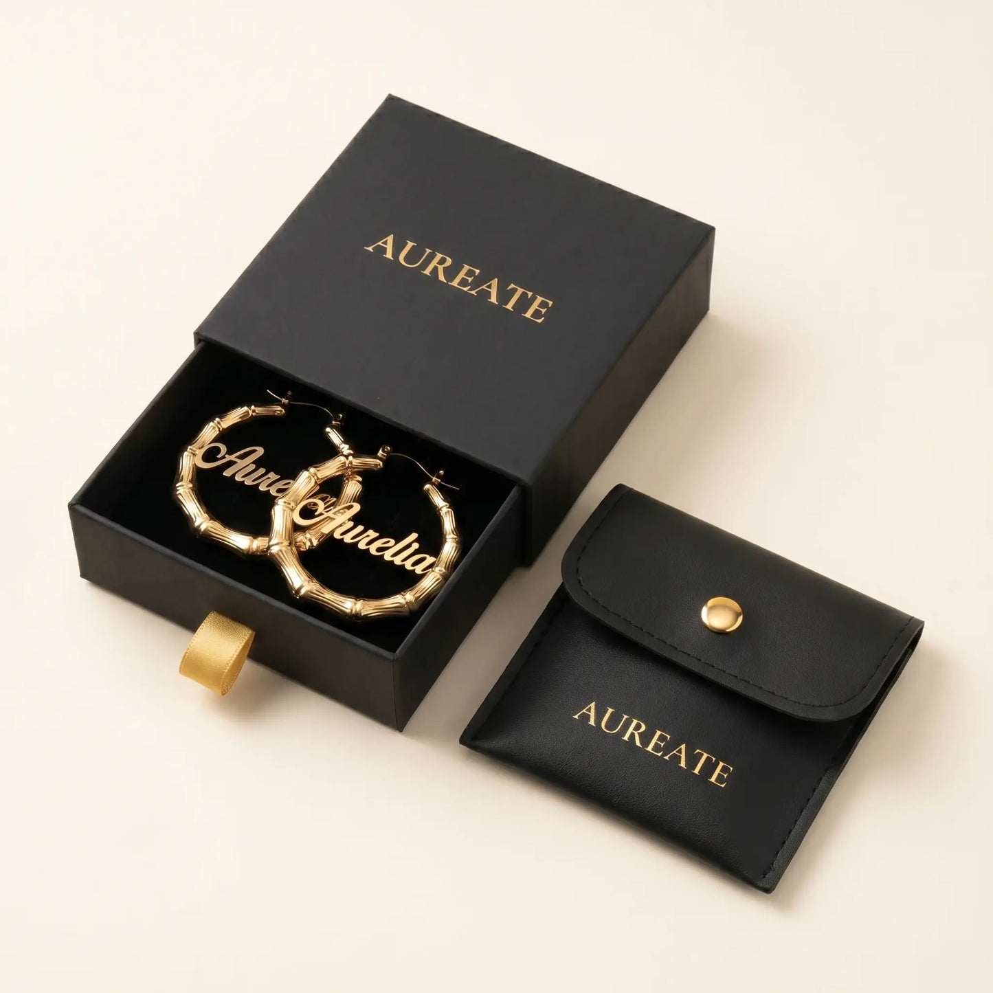 Two-Tone Bamboo Name Earrings gold gift box AUREATE drawer