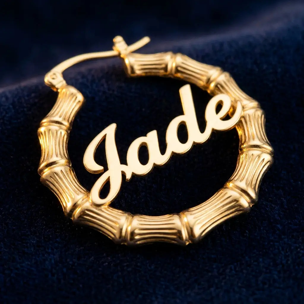 Two-Tone Bamboo Name Earrings gold detail JADE
