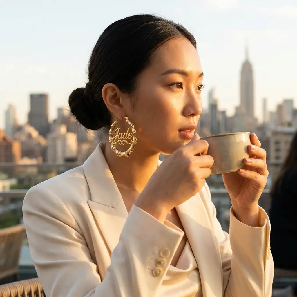 Two-Tone Bamboo Name Earrings gold lifestyle cafe Jade