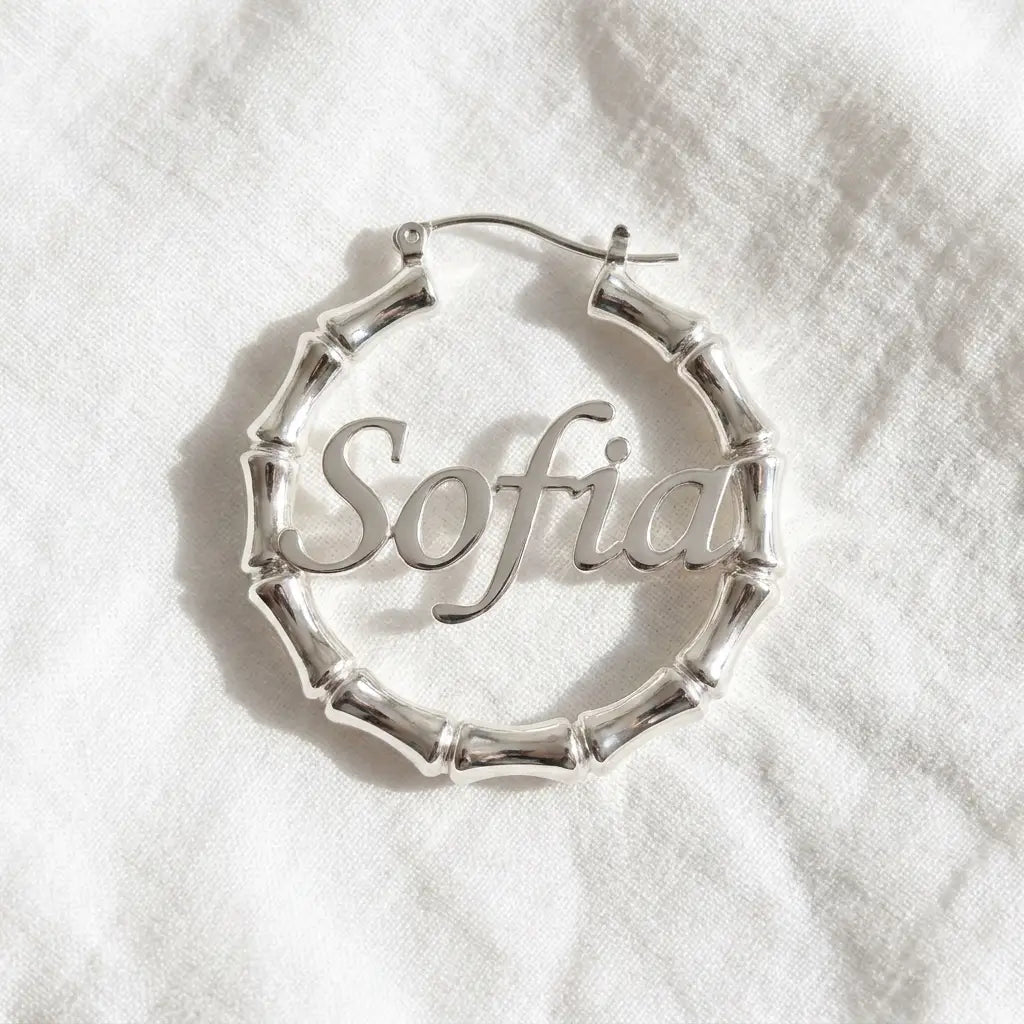 Two-Tone Bamboo Name Earrings silver packshot Sofia