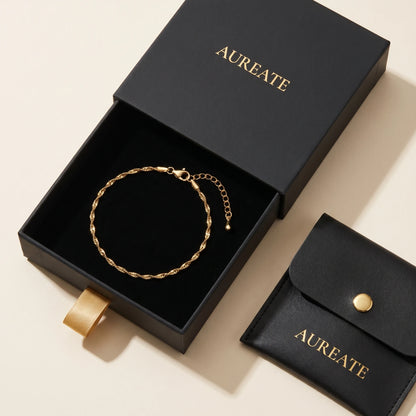 AUREATE matte black gift box with Singapore chain anklet single piece slide drawer leather pouch gold logo