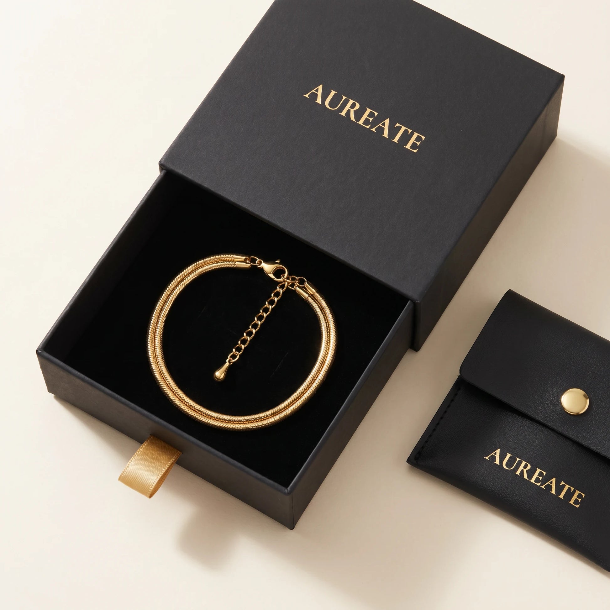 AUREATE matte black gift box with gold snake medium chain anklet single piece slide drawer leather pouch