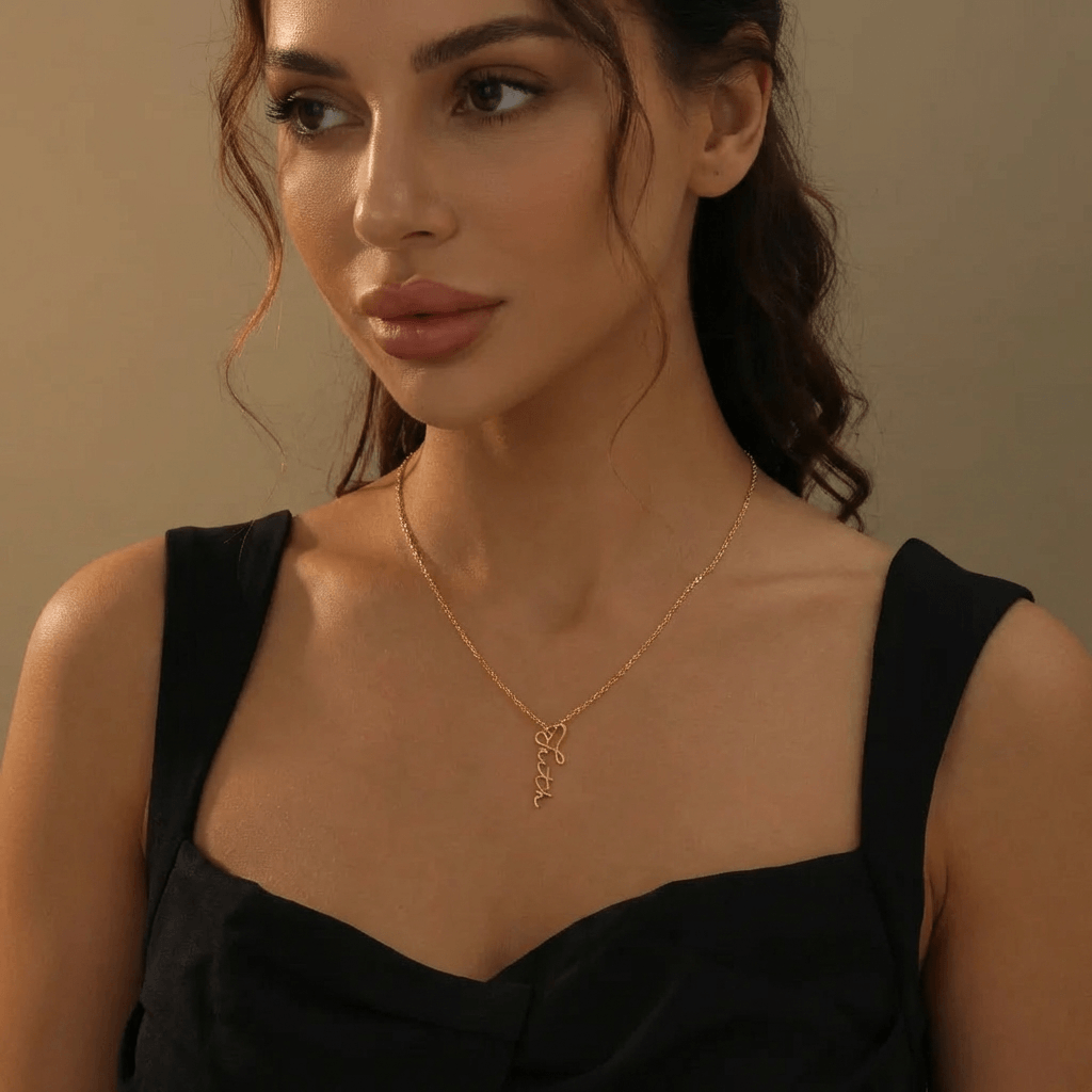 Elegant woman wearing a Vertical Personalised Necklace by AUREATE, showcasing the modern design and personalized script.