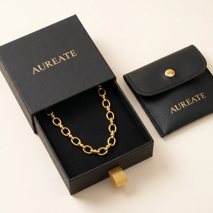 Vintage rolo necklace gold inside AUREATE matte black slide-drawer gift box with leather pouch