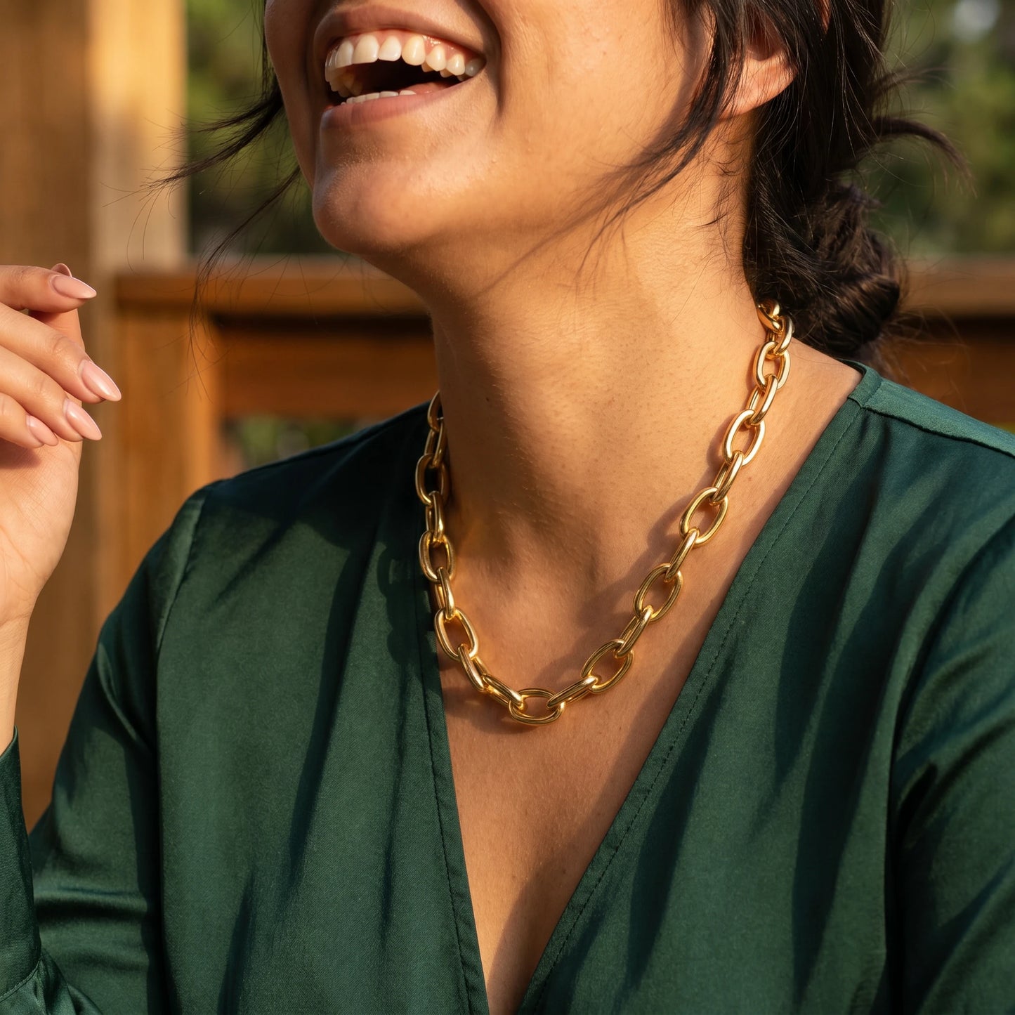 Chunky gold statement necklace XL oval cable chain candid joy laugh emerald green