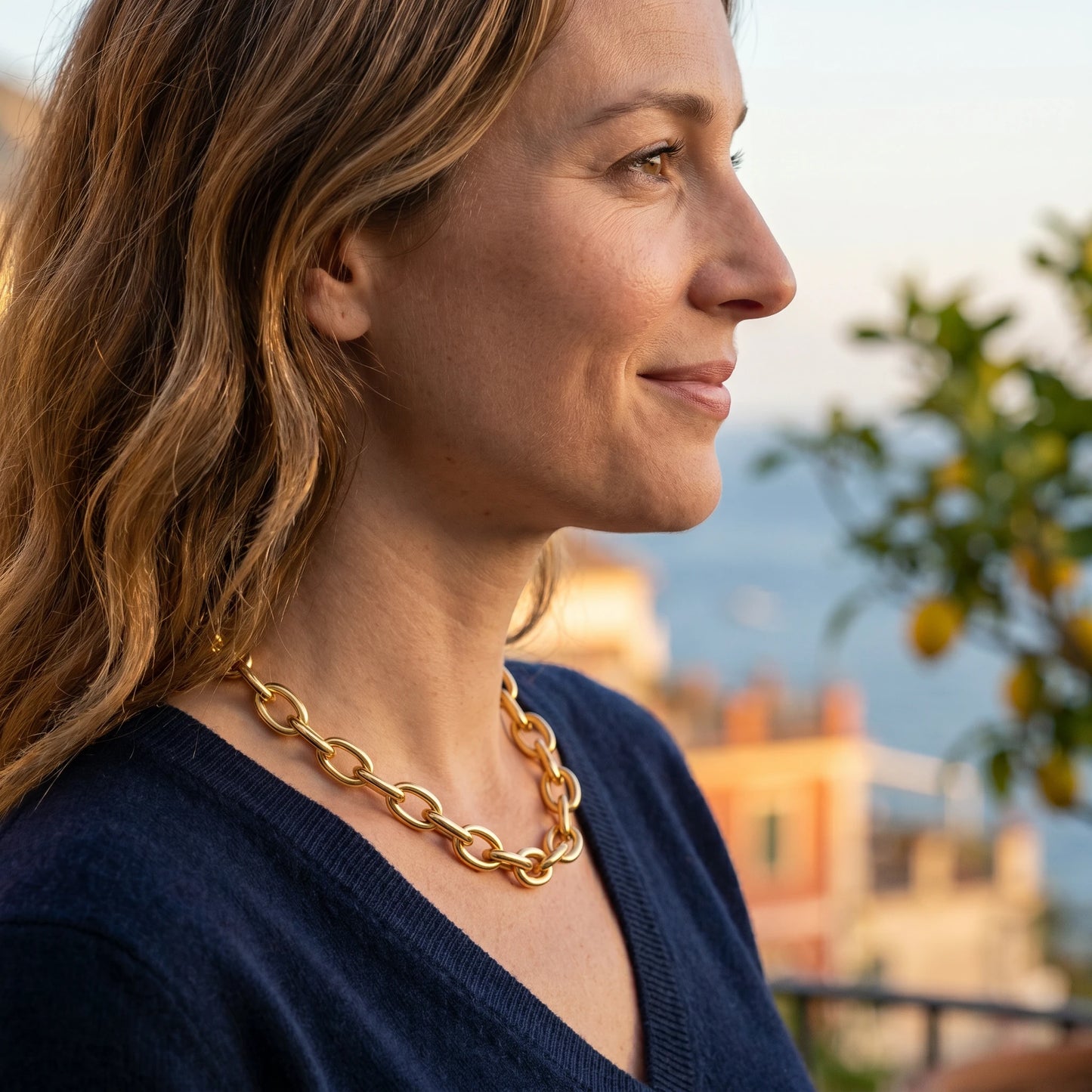 Chunky gold statement necklace XL oval cable chain profile Amalfi sunset golden hour
